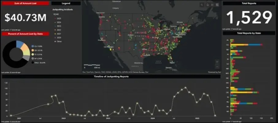  τοποθεσία υποτιθέμενων περιστατικών τζάκποτ που διαπράχθηκαν σε όλες τις Ηνωμένες Πολιτείες